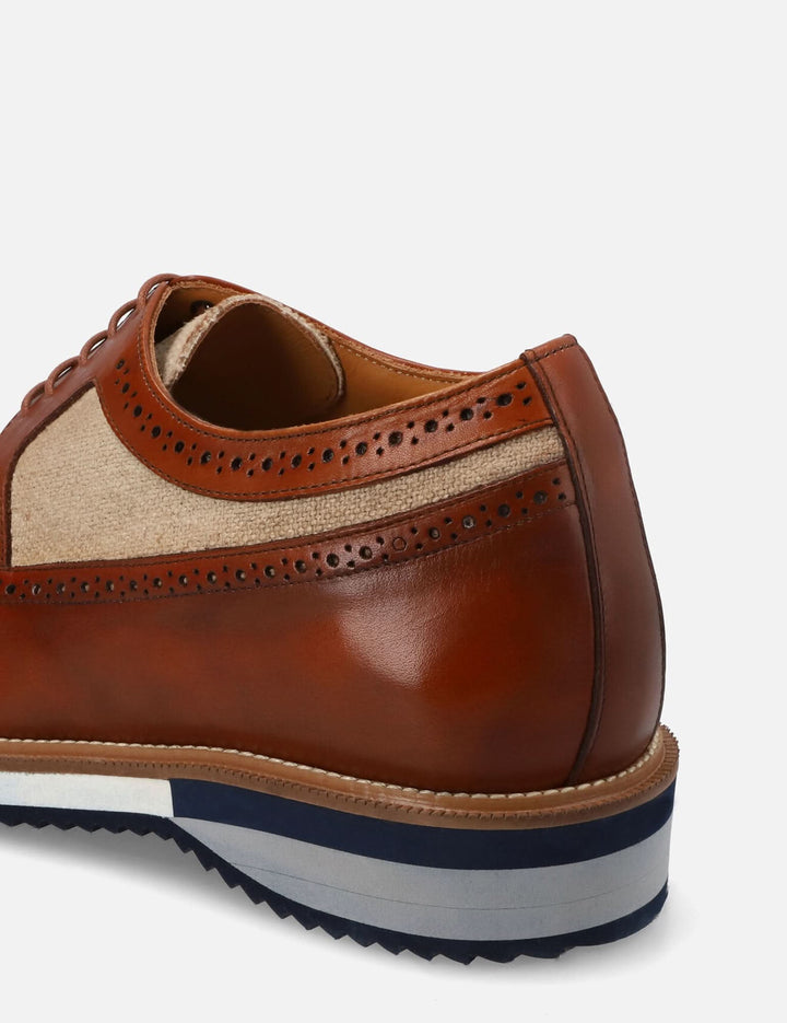 Blucher +7 cm de altura en piel y lino color cuero