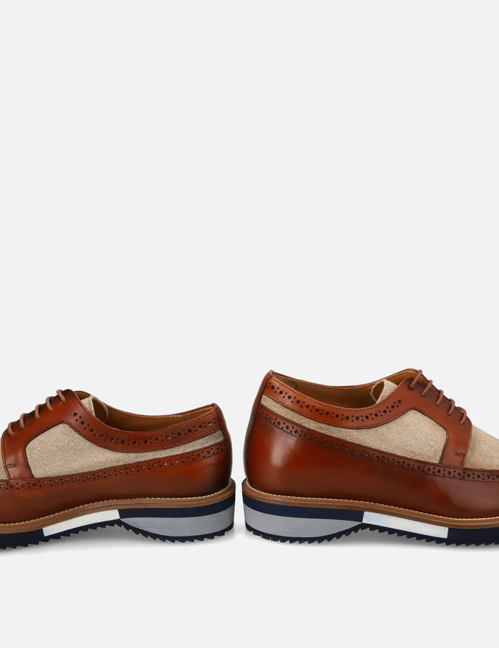 Blucher +7 cm de altura en piel y lino color cuero
