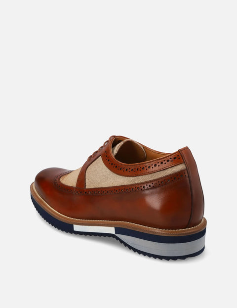 Blucher +7 cm de altura en piel y lino color cuero