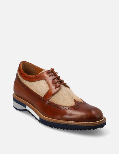Blucher +7 cm de altura en piel y lino color cuero