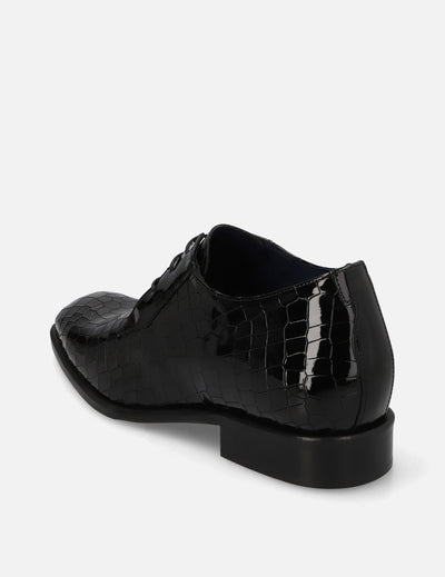 Blucher +7 cm de altura en charol con grabado color negro