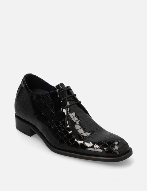 Blucher +7 cm de altura en charol con grabado color negro