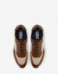 Tenis +7 cm de altura en textil y piel color cuero para hombre