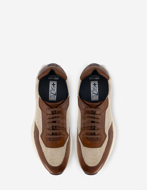 Tenis +7 cm de altura en textil y piel color cuero para hombre