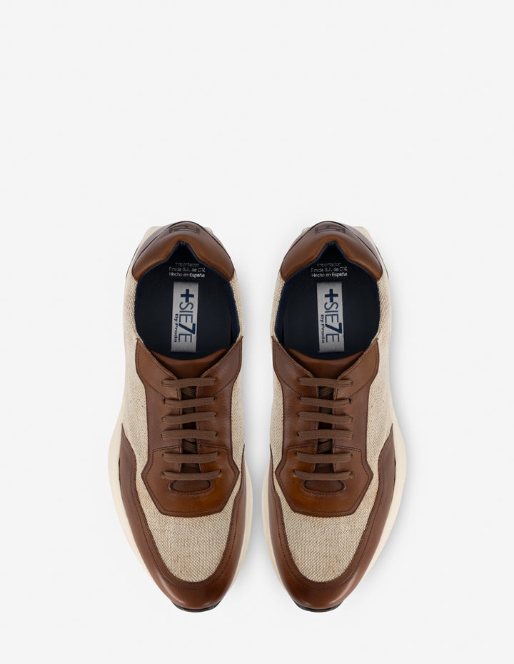 Tenis +7 cm de altura en textil y piel color cuero para hombre