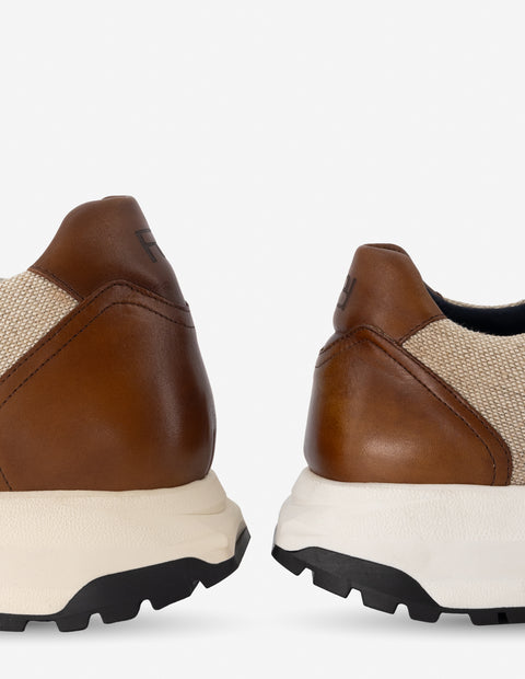 Tenis +7 cm de altura en textil y piel color cuero para hombre