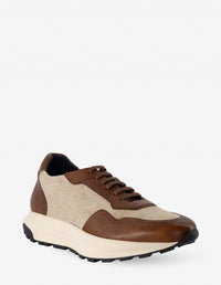 Tenis +7 cm de altura en textil y piel color cuero para hombre