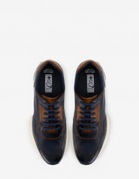 Tenis +7 cm de altura en piel color azul y cuero para hombre