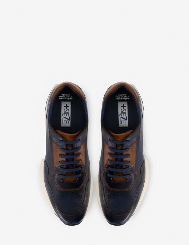 Tenis +7 cm de altura en piel color azul y cuero para hombre