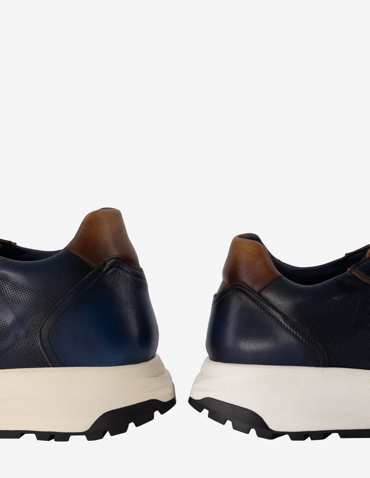 Tenis +7 cm de altura en piel color azul y cuero para hombre