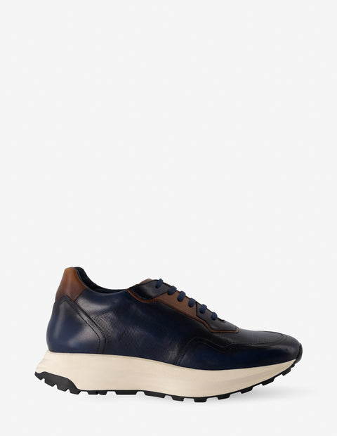 Tenis +7 cm de altura en piel color azul y cuero para hombre