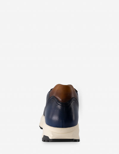 Tenis +7 cm de altura en piel color azul y cuero para hombre