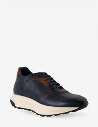 Tenis +7 cm de altura en piel color azul y cuero para hombre