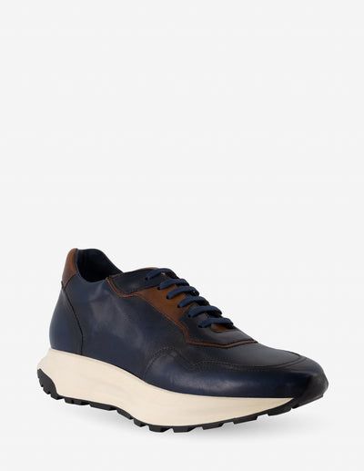 Tenis +7 cm de altura en piel color azul y cuero para hombre