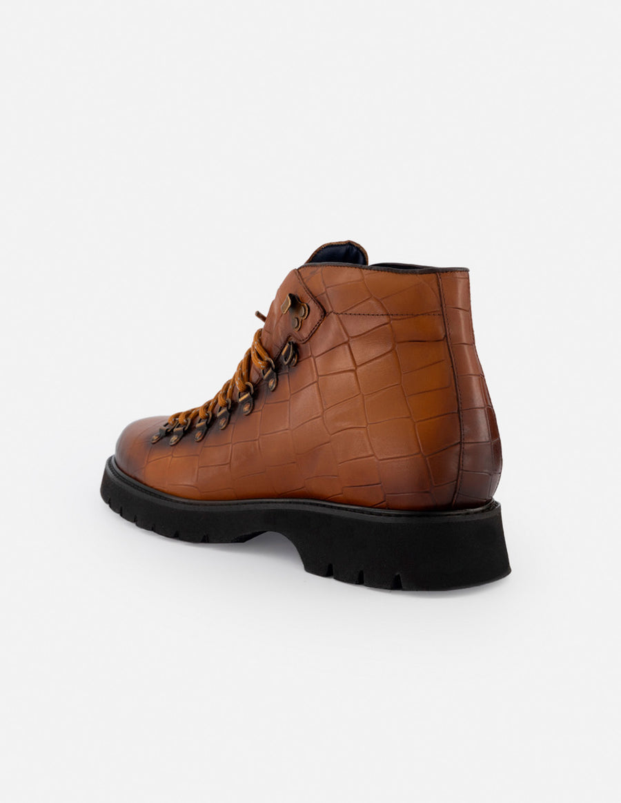 Botín de cordones +7 cm de altura en piel con grabado tipo coco color caoba para hombre