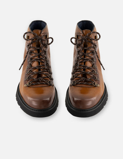 Botín de cordones +7 cm de altura en piel con grabado tipo coco color caoba para hombre