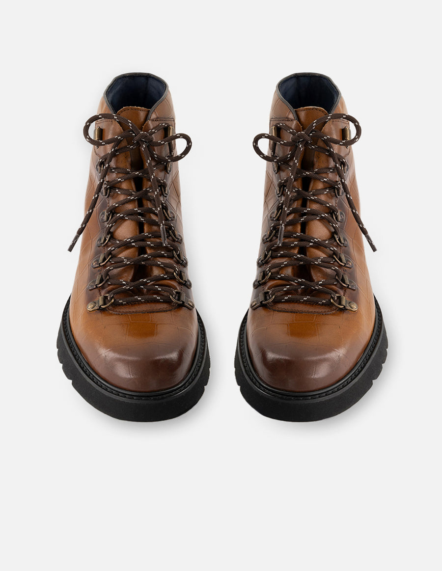 Botín de cordones +7 cm de altura en piel con grabado tipo coco color caoba para hombre