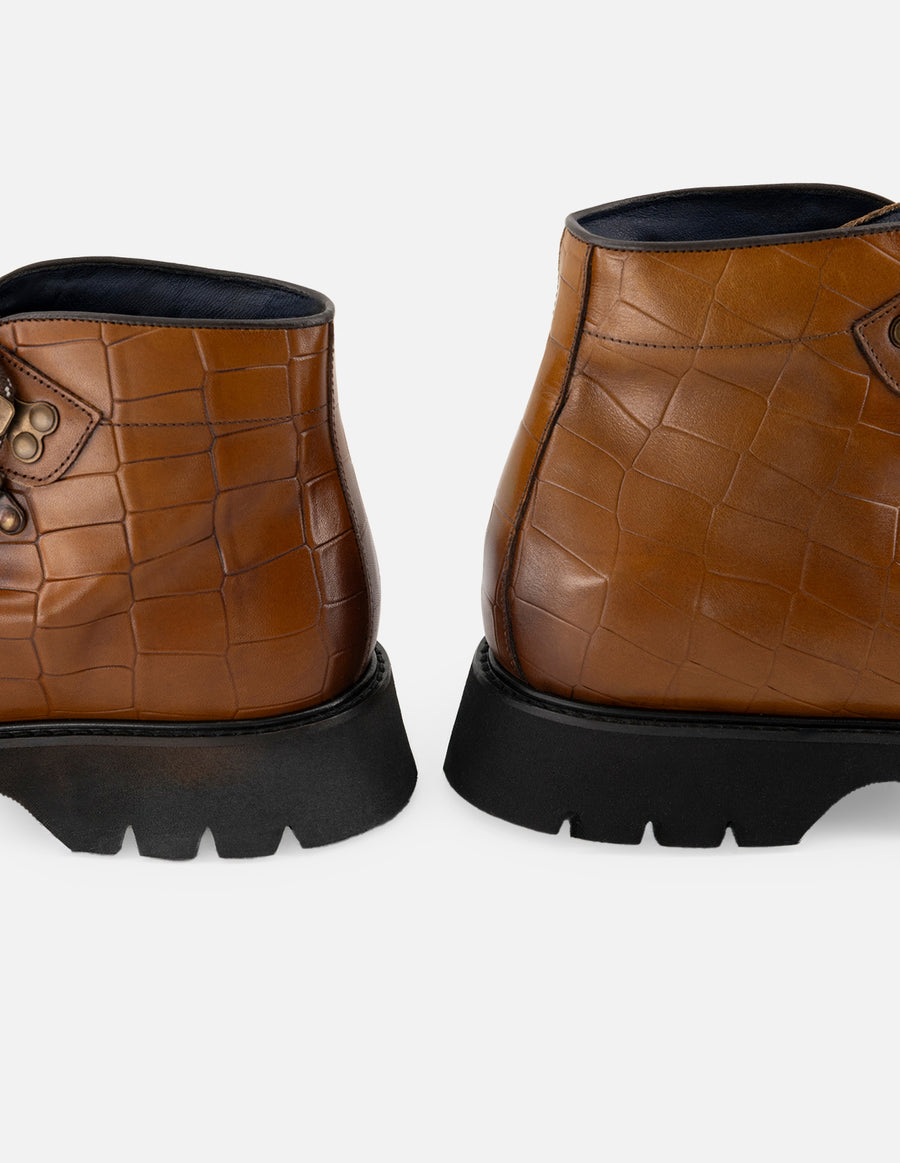 Botín de cordones +7 cm de altura en piel con grabado tipo coco color caoba para hombre