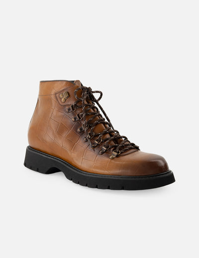 Botín de cordones +7 cm de altura en piel con grabado tipo coco color caoba para hombre