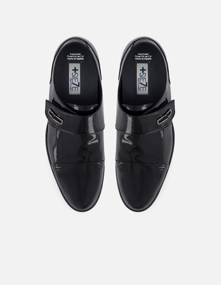 Monk +7 cm de altura en piel de charol color negro con velcro para hombre