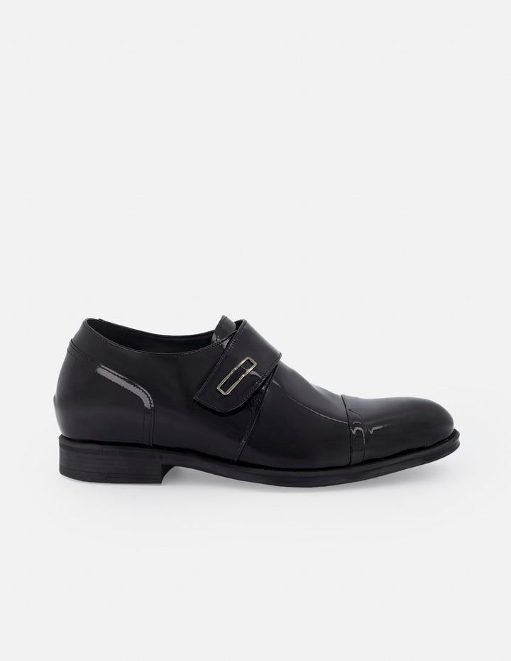 Monk +7 cm de altura en piel de charol color negro con velcro para hombre