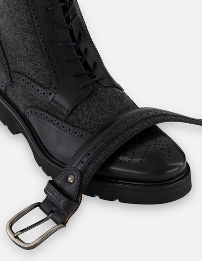 Cinturón negro piel y textil para hombre con picado maría