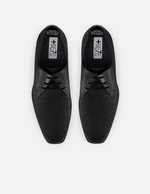 Zapato Blucher + 7cm de altura negro en ante para hombre acabado tipo serpiente