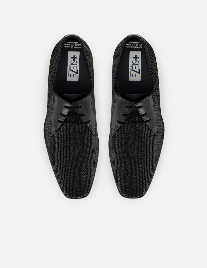 Zapato Blucher + 7cm de altura negro en ante para hombre acabado tipo serpiente