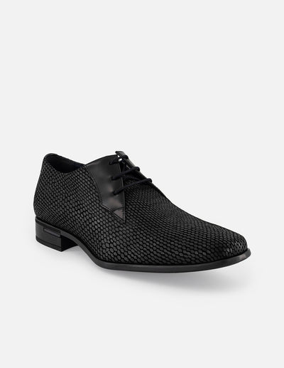 Zapato Blucher +7cm de altura negro en ante para hombre acabado tipo serpiente
