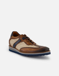 Zapato inglés café en piel y textil con franja azul para hombre