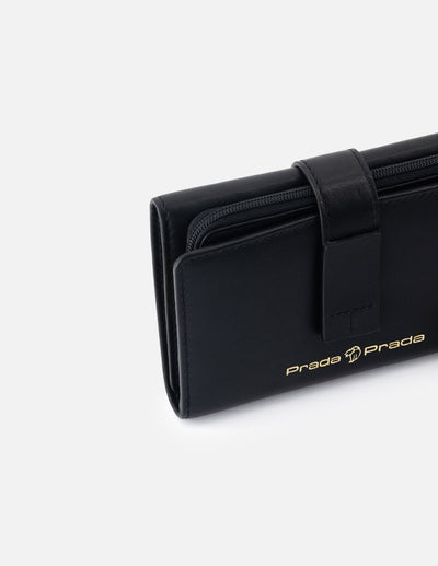 Mondero de piel color negro para mujer con detalles en color dorado