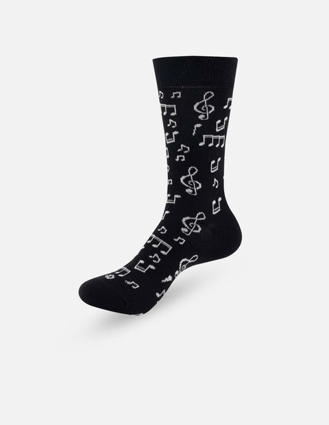 Calcetin color negro en contraste con notas musicales en blanco para hombre