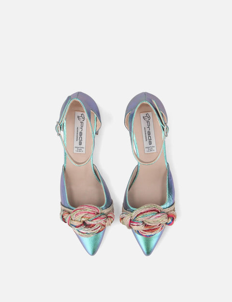 Zapatilla de tacón bajo en piel metalizada Iridiscente aqua