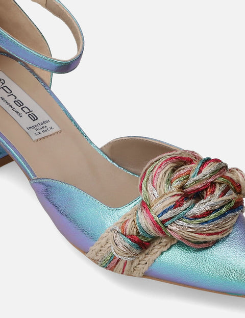 Zapatilla de tacón bajo en piel metalizada Iridiscente aqua