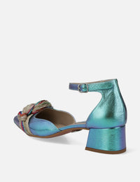 Zapatilla de tacón bajo en piel metalizada Iridiscente aqua