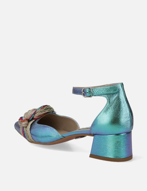 Zapatilla de tacón bajo en piel metalizada Iridiscente aqua