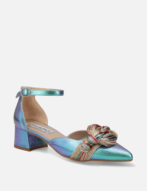Zapatilla de tacón bajo en piel metalizada Iridiscente aqua