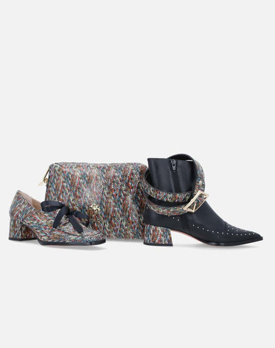 Mocasín en piel estampada multicolor y detalle de lazo negro para mujer