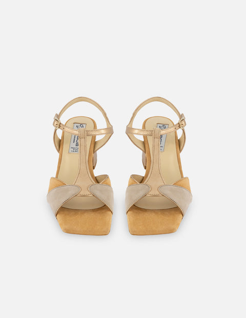 Sandalia de piel ante multicolor para mujer y tacón metalizado
