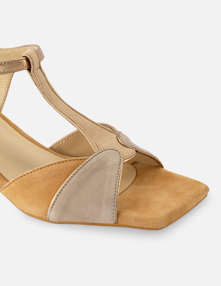 Sandalia de piel ante multicolor para mujer y tacón metalizado