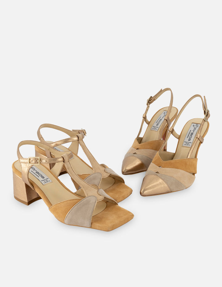 Sandalia de piel ante multicolor para mujer y tacón metalizado