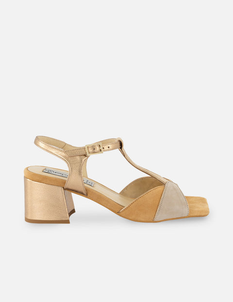 Sandalia de piel ante multicolor para mujer y tacón metalizado