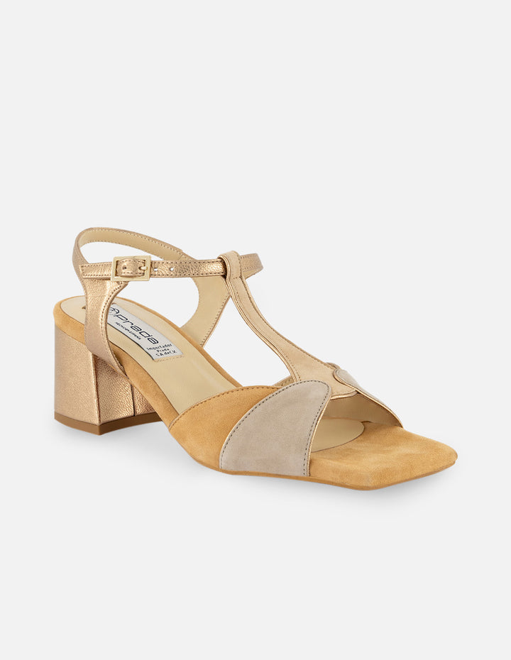 Sandalia de piel ante multicolor para mujer y tacón metalizado