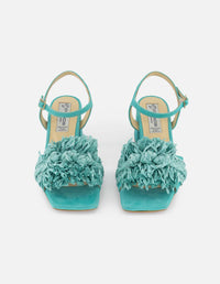 Sandalia de piel ante en color aqua para mujer con detalle de rafia