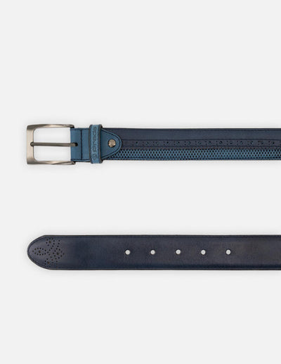 Cinturón en piel napa color azul con picado María para hombre