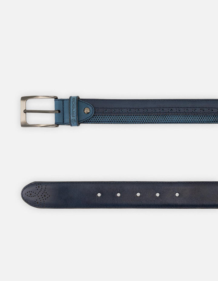 Cinturón en piel napa color azul con picado María para hombre