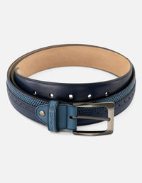 Cinturón en piel napa color azul con picado María para hombre