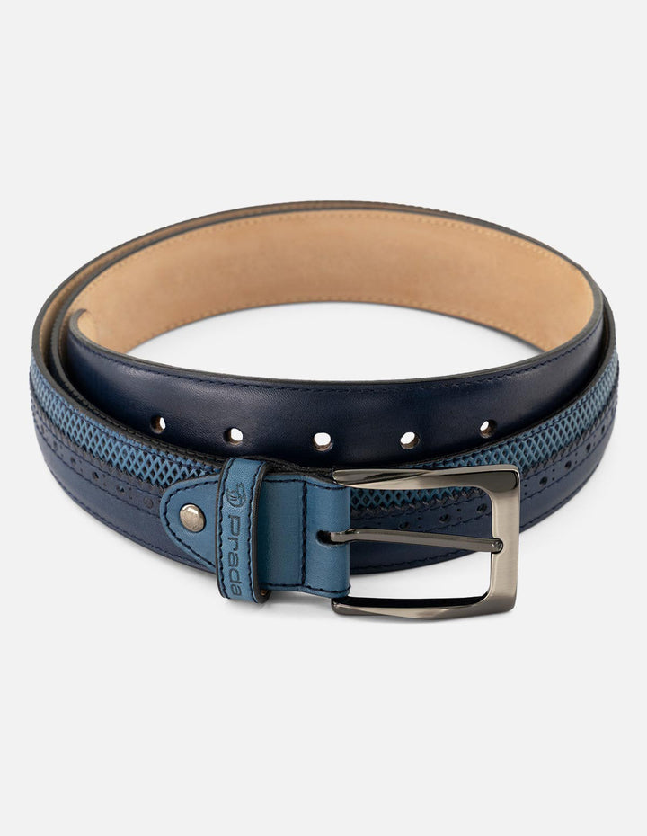 Cinturón en piel napa color azul con picado María para hombre