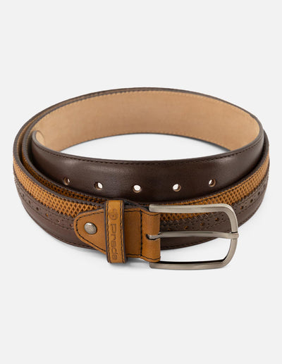 Cinturón en piel napa color cuero y marrón con picado María para hombre