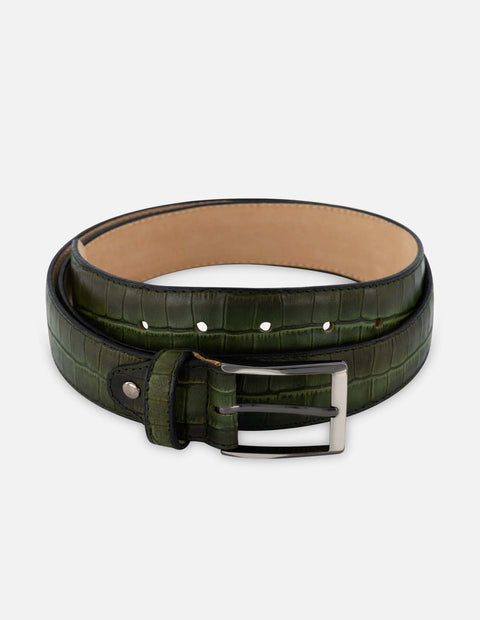 Cinturón en piel napa con grabado tipo coco color verde con detalles de ensombrecido para hombre